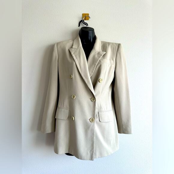 Vintage 90s Double-Breasted Blazer Oversized Longline Beige Power Blazer size 2P - Picture 1 of 7